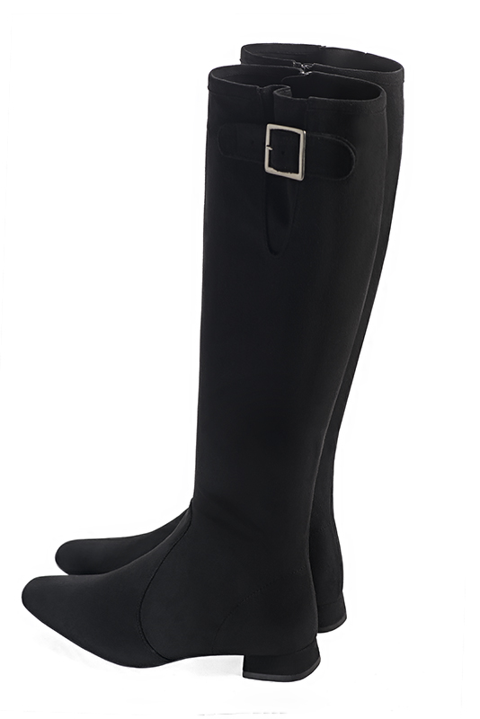 Matt black women's knee-high boots with buckles. Square toe. Flat flare heels. Made to measure. Rear view - Florence KOOIJMAN
